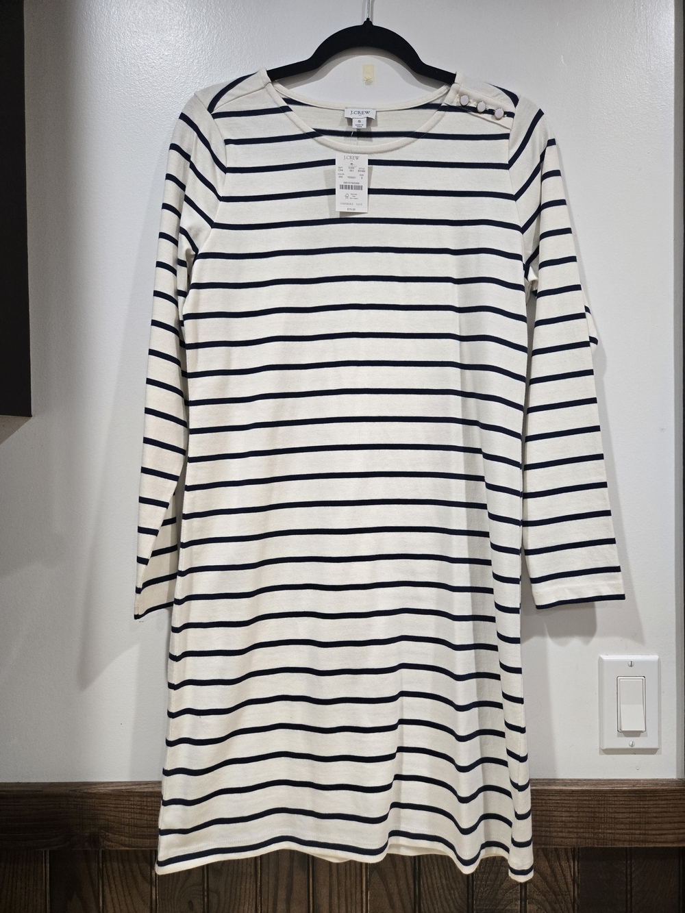 J. Crew Ivory and Navy Striped Long-Sleeve Boatneck Dress